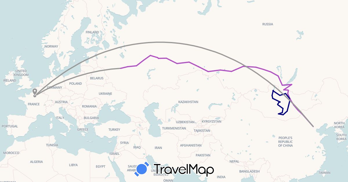 TravelMap itinerary: driving, plane, train in China, France, Mongolia, Russia (Asia, Europe)