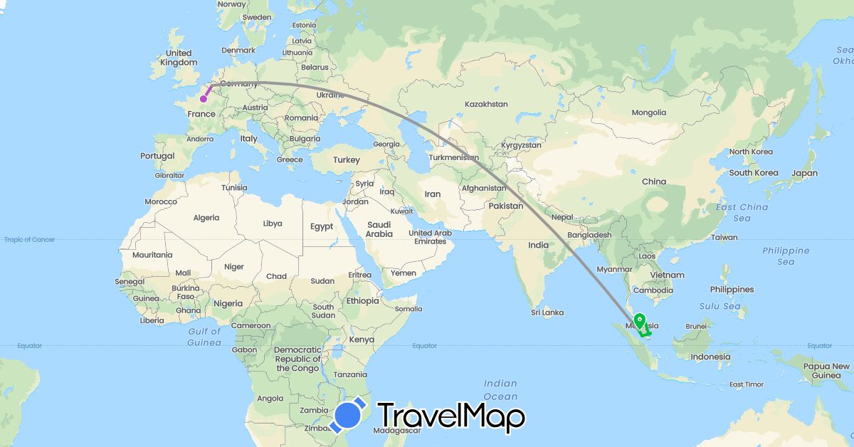 TravelMap itinerary: driving, bus, plane, train, boat in Belgium, France, Malaysia (Asia, Europe)
